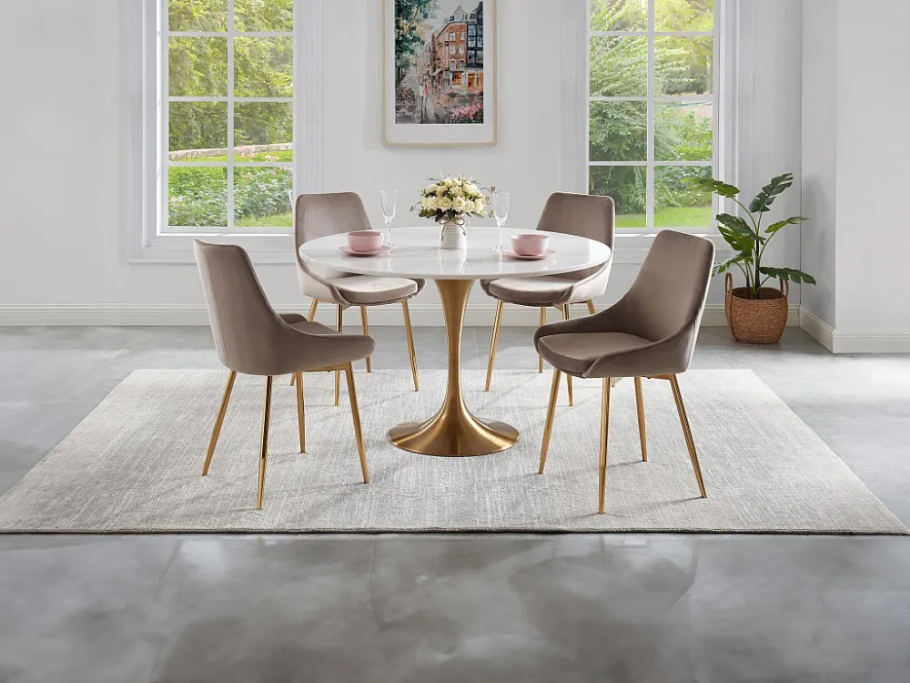 Ronde eettafel NORAH - Marmer en metaal - Wit en goudkleurig - Koop nu eenvoudig online