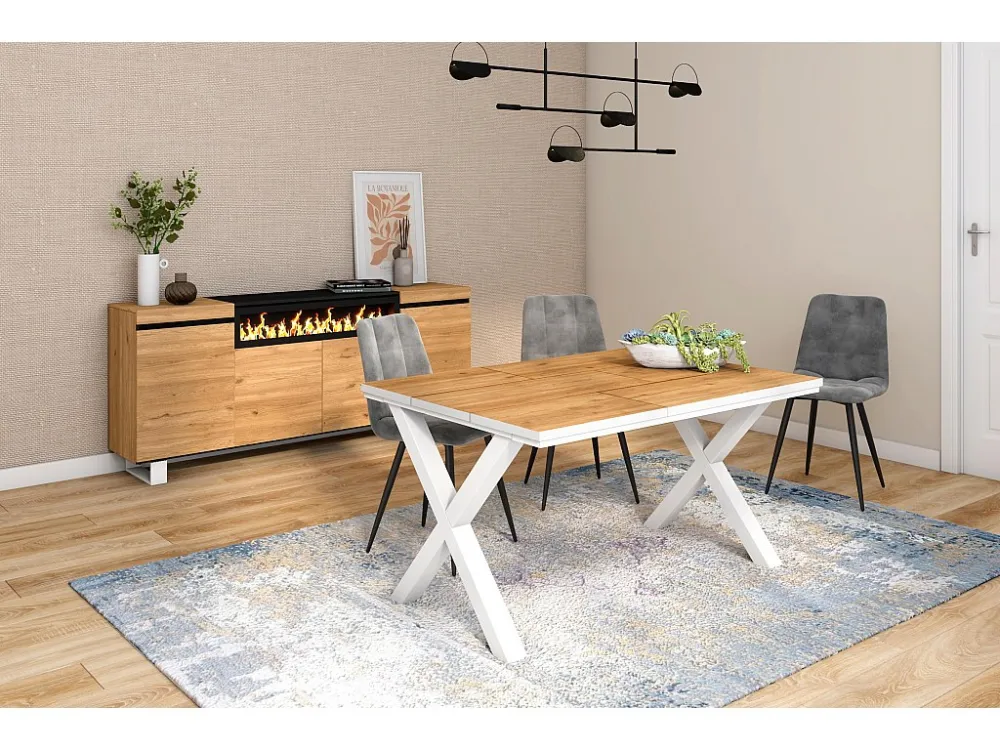 eettafel, 6 personen, 140, Robuust en stabiel dankzij zijn structuur en solide poten, Eiken en witte , Industriële stijl S...