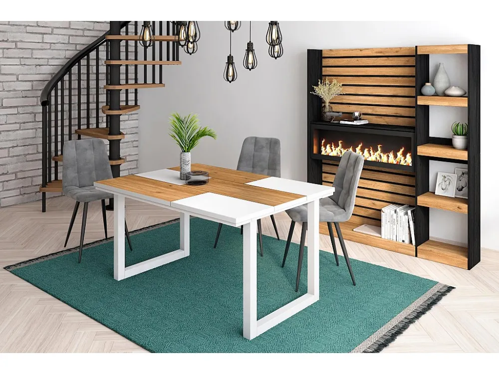 eettafel, 6 personen, 140, Robuust en stabiel dankzij zijn structuur en solide poten, Eik en wit, Industriële stijl Skraut...