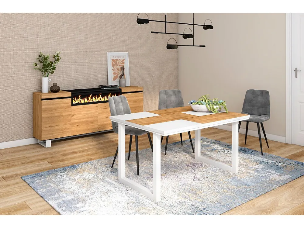 eettafel, 6 personen, 140, Robuust en stabiel dankzij zijn structuur en solide poten, Eik en wit, Industriële stijl Skraut...