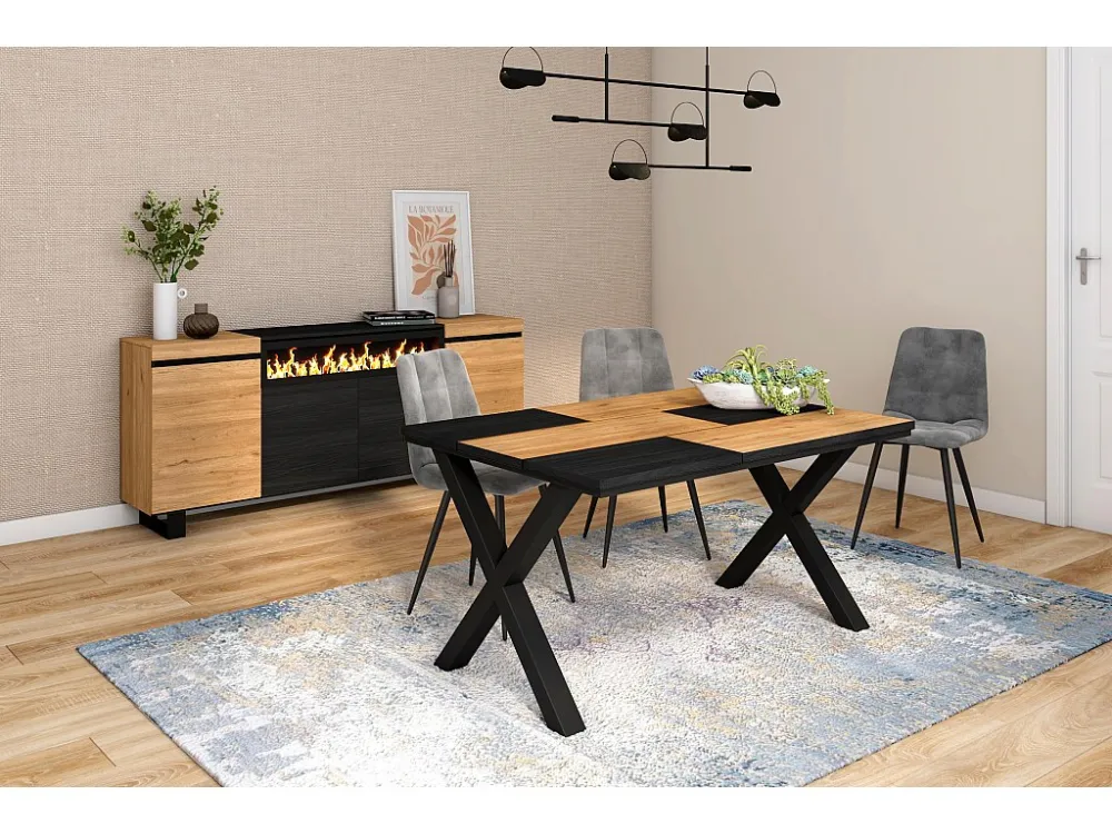 eettafel, 6 personen, 140, Robuust en stabiel dankzij zijn structuur en solide poten, Eik en zwart, Industriële stijl Skra...