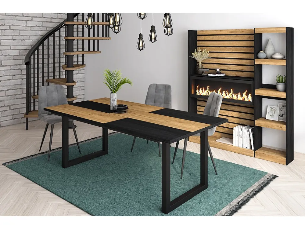 eettafel, 10 personen, 200, Robuust en stabiel dankzij zijn structuur en solide poten, Eik en zwart, Industriële stijl Skr...