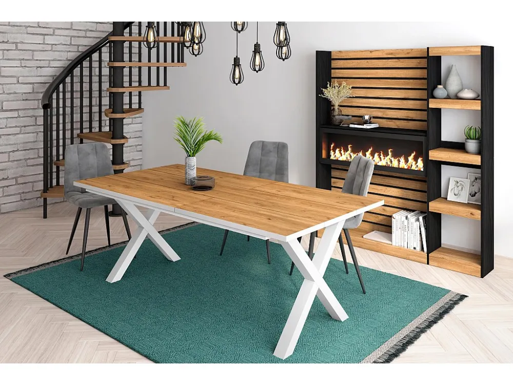 eettafel, 10 personen, 200, Robuust en stabiel dankzij zijn structuur en solide poten, Eiken en witte , Industriële stijl...