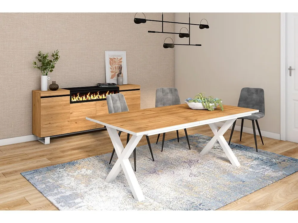 eettafel, 10 personen, 200, Robuust en stabiel dankzij zijn structuur en solide poten, Eiken en witte , Industriële stijl...