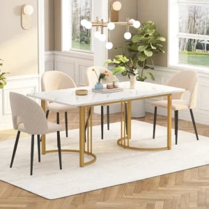 Table de salle à manger 140 x 80cm, Table rectangulaire, piétement métallique, pour salle à manger salon, or