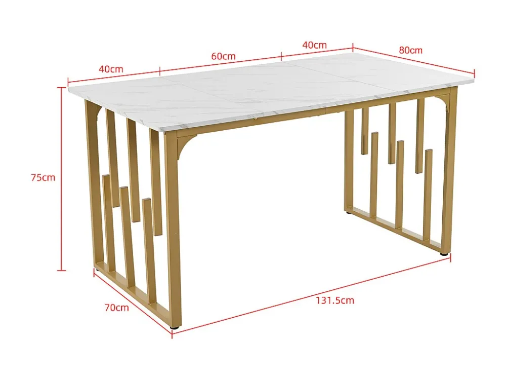 Table de salle à manger rectangulaire 140x80cm, structure en métal, plateau en marbre, pieds réglables, blanc/doré