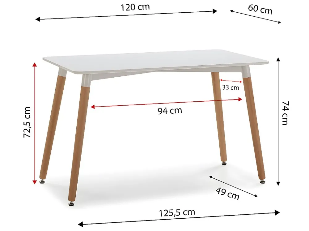 Eettafel Aroa 120x60 cm Wit, Poten van Beukenhout, 120 x 60 cm VS Venta-stock