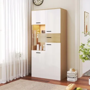 Buffet haut 150 cm, avec éclairage LED, 4 portes, tiroirs, étagères en verre, meuble rangement en Bois, APP, pour salon, m...