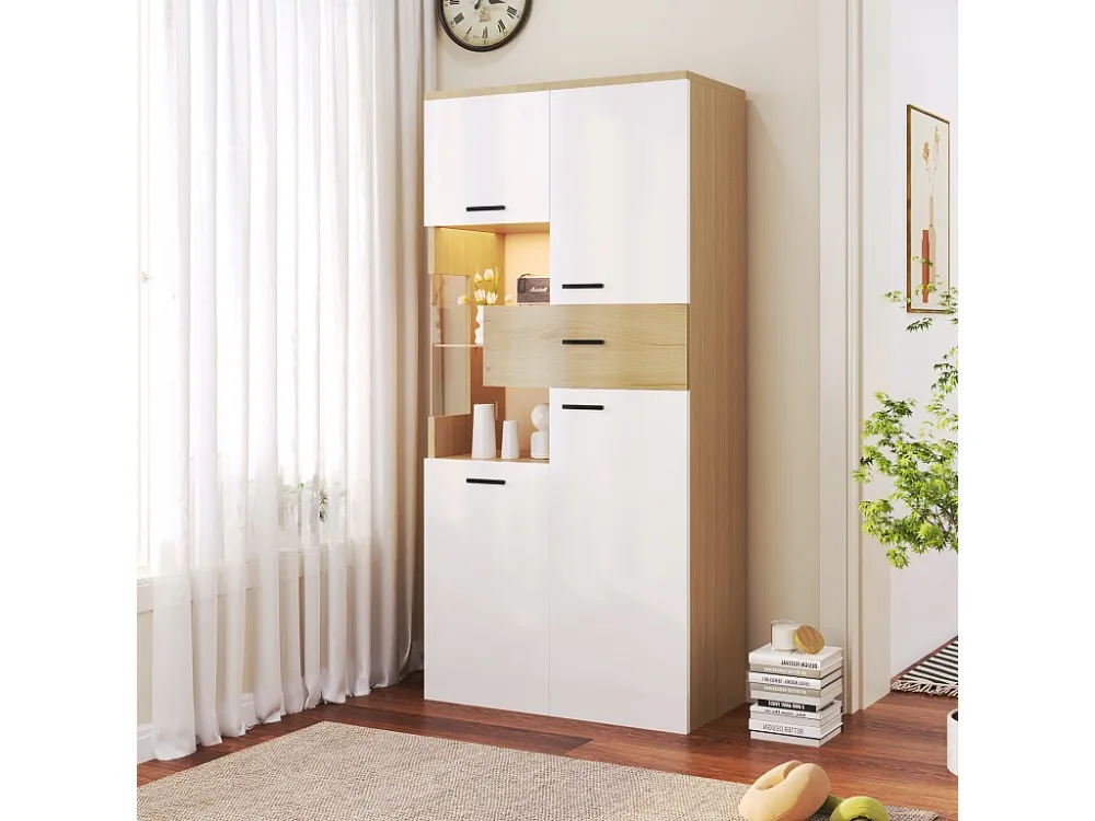 Buffet haut 150 cm, avec éclairage LED, 4 portes, tiroirs, étagères en verre, meuble rangement en Bois, APP, pour salon, m...