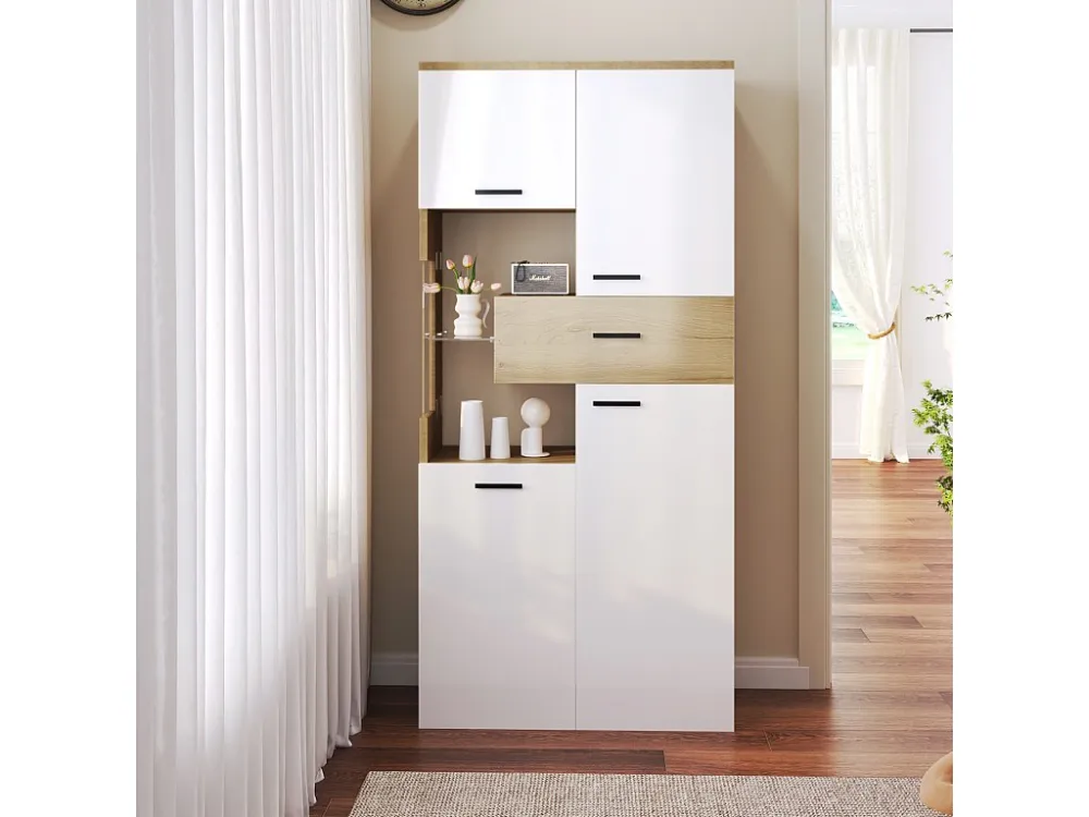 Buffet haut 150 cm, avec éclairage LED, 4 portes, tiroirs, étagères en verre, meuble rangement en Bois, APP, pour salon, m...