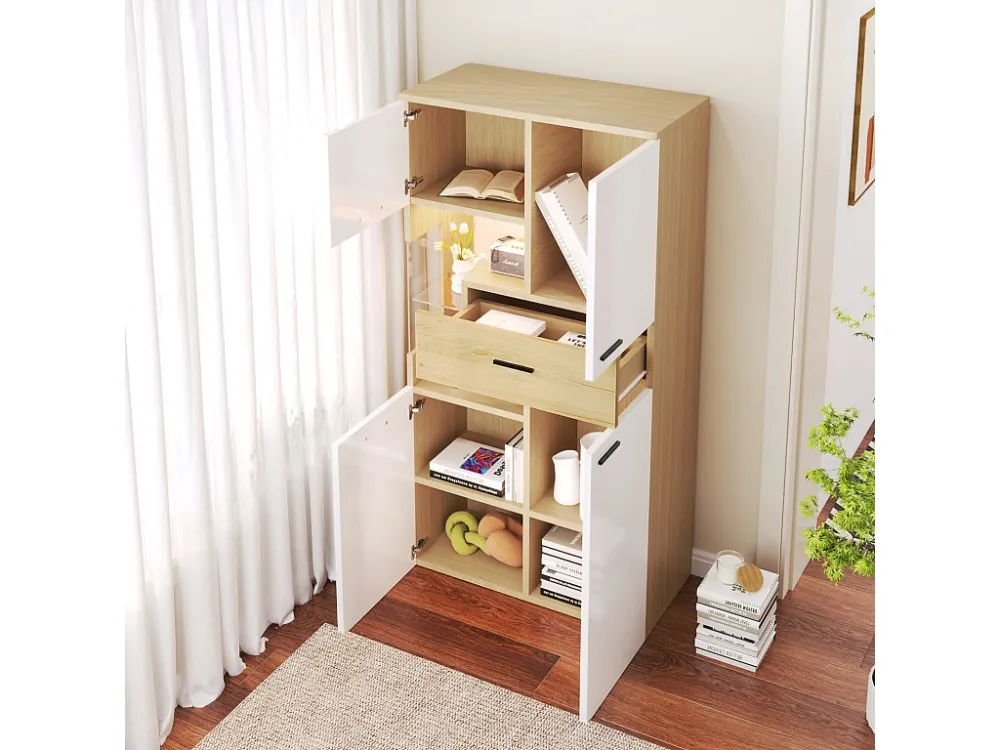 Buffet haut 150 cm, avec éclairage LED, 4 portes, tiroirs, étagères en verre, meuble rangement en Bois, APP, pour salon, m...