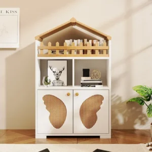 Vitrine, boekenkast met 2 deuren en boekenopberger - 110 x 70 x 30 cm - vlinderdeurvorm - MDF hout - Wit + eiken Merax