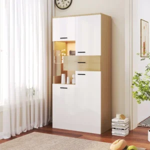 Vitrine met 4 deuren en 1 lade - LED's - 150H x 78L x 40D cm - Spaanplaat - wit + naturel Merax