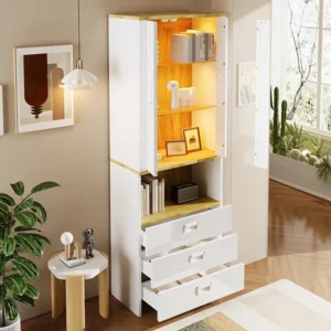 Vitrine met 2 deuren, 3 lades en een vak - 65 x 35 x 181,5 cm - LED's - MDF en spaanplaat - Wit Merax