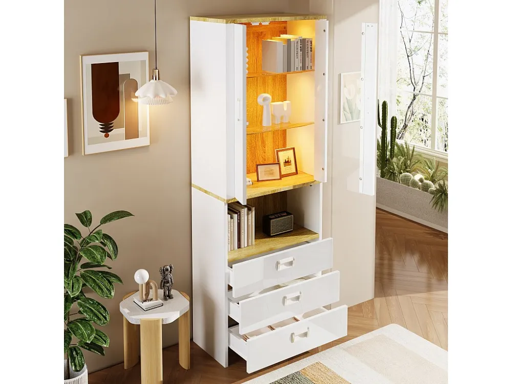 Vitrine met 2 deuren, 3 lades en een vak - 65 x 35 x 181,5 cm - LED's - MDF en spaanplaat - Wit Merax
