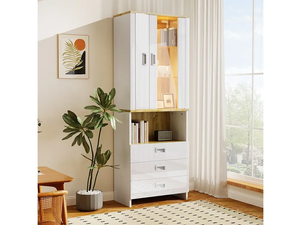 Vitrine met 2 deuren, 3 lades en een vak - 65 x 35 x 181,5 cm - LED's - MDF en spaanplaat - Wit Merax