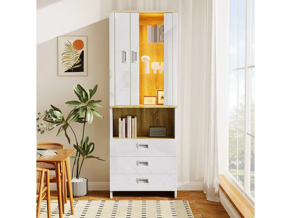 Vitrine met 2 deuren, 3 lades en een vak - 65 x 35 x 181,5 cm - LED's - MDF en spaanplaat - Wit Merax