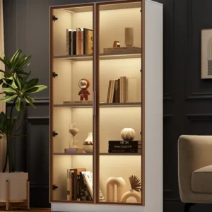 Vitrine met 2 glazen deuren, hoog dressoir - LED's - 80 x 40 x 160 cm - spaanplaat - Wit Merax