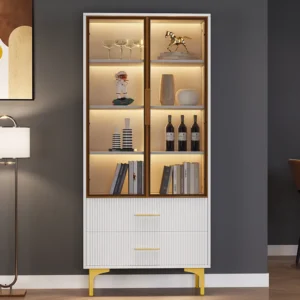 Vitrinekast met 2 glazen deuren - LED's - 70 x 35 x 150 cm - spaanplaat - Wit Merax
