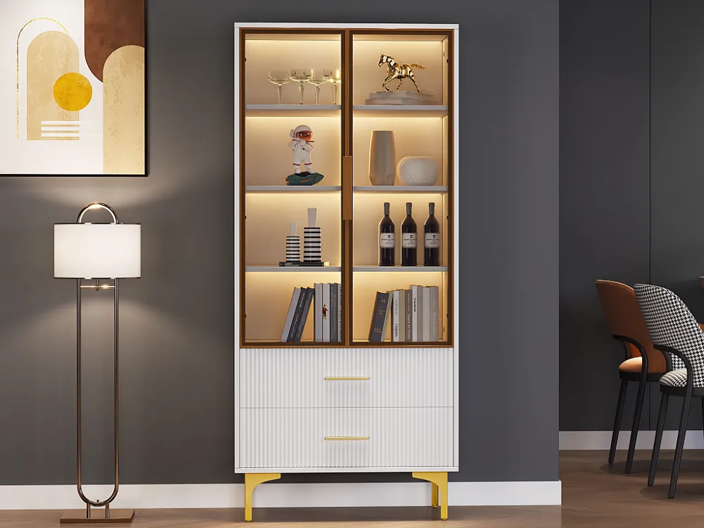 Vitrinekast met 2 glazen deuren - LED's - 70 x 35 x 150 cm - spaanplaat - Wit Merax