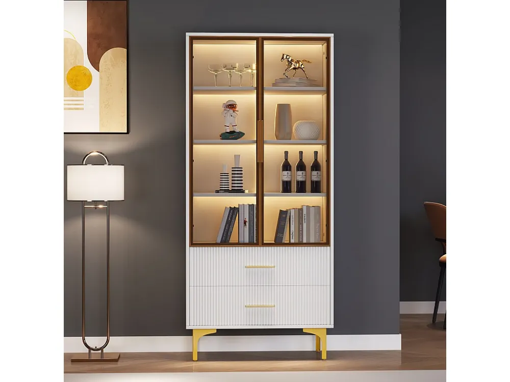 Vitrinekast met 2 glazen deuren - LED's - 70 x 35 x 150 cm - spaanplaat - Wit Merax