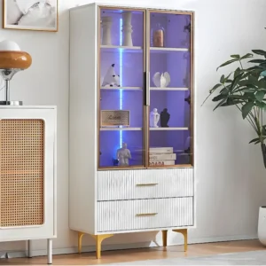 Glazen vitrinekast met LED-verlichting en verwijderbare planken - H 150 cm - 2 glazen deuren en 2 laden - Wit ModernLuxe