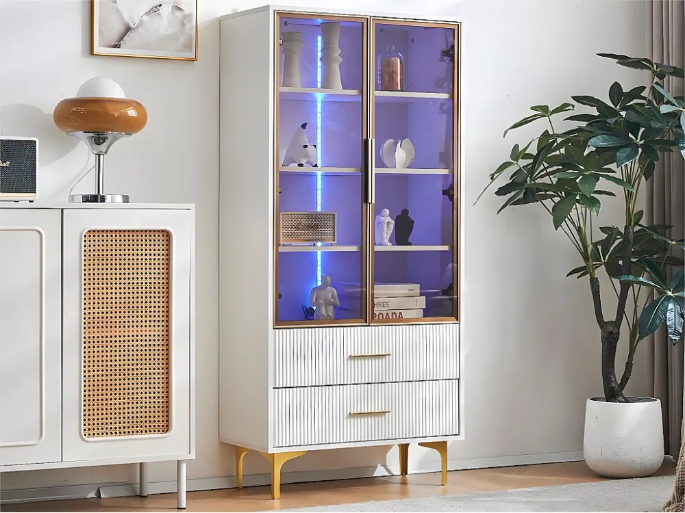 Glazen vitrinekast met LED-verlichting en verwijderbare planken - H 150 cm - 2 glazen deuren en 2 laden - Wit ModernLuxe