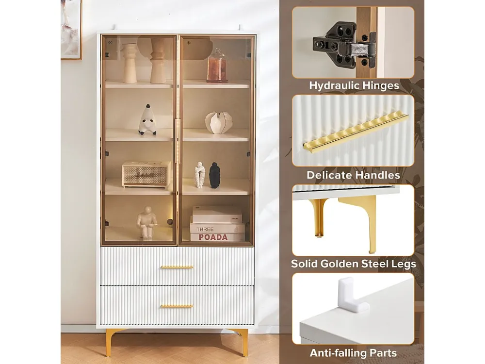 Glazen vitrinekast met LED-verlichting en verwijderbare planken - H 150 cm - 2 glazen deuren en 2 laden - Wit ModernLuxe