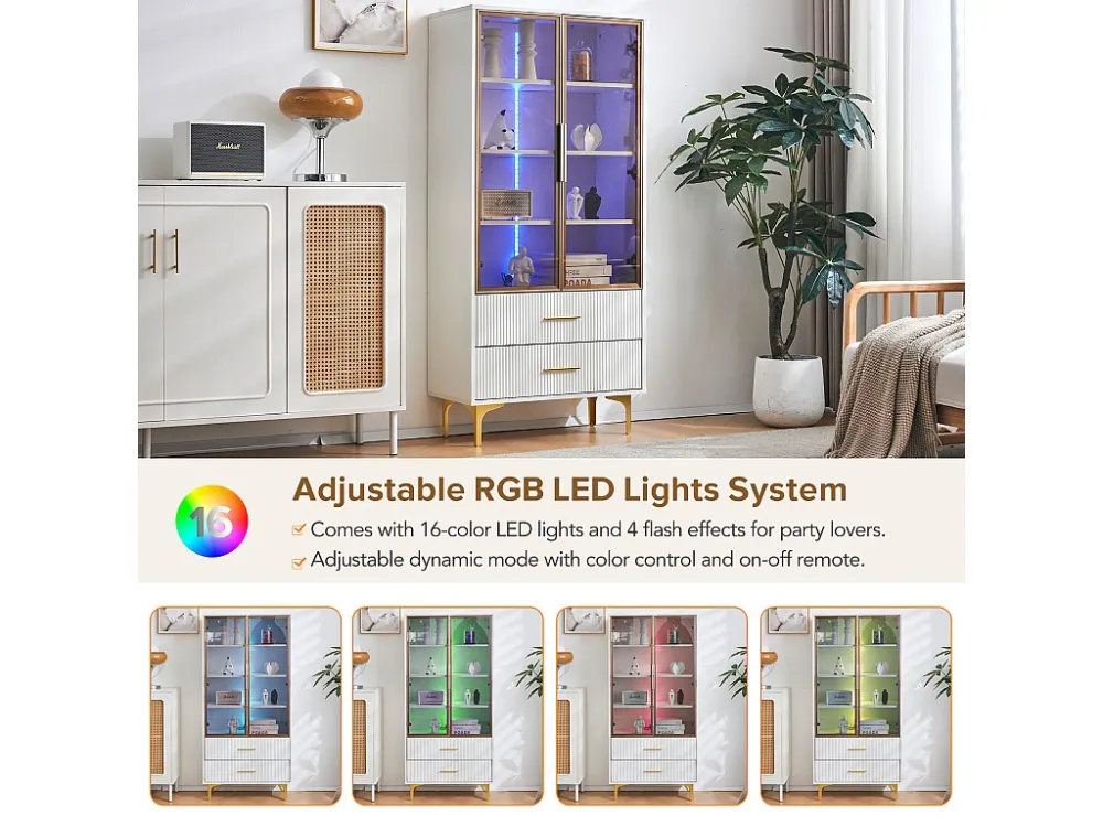 Set van 2 moderne vitrinekasten met LED – met verstelbare planken – Wit ModernLuxe