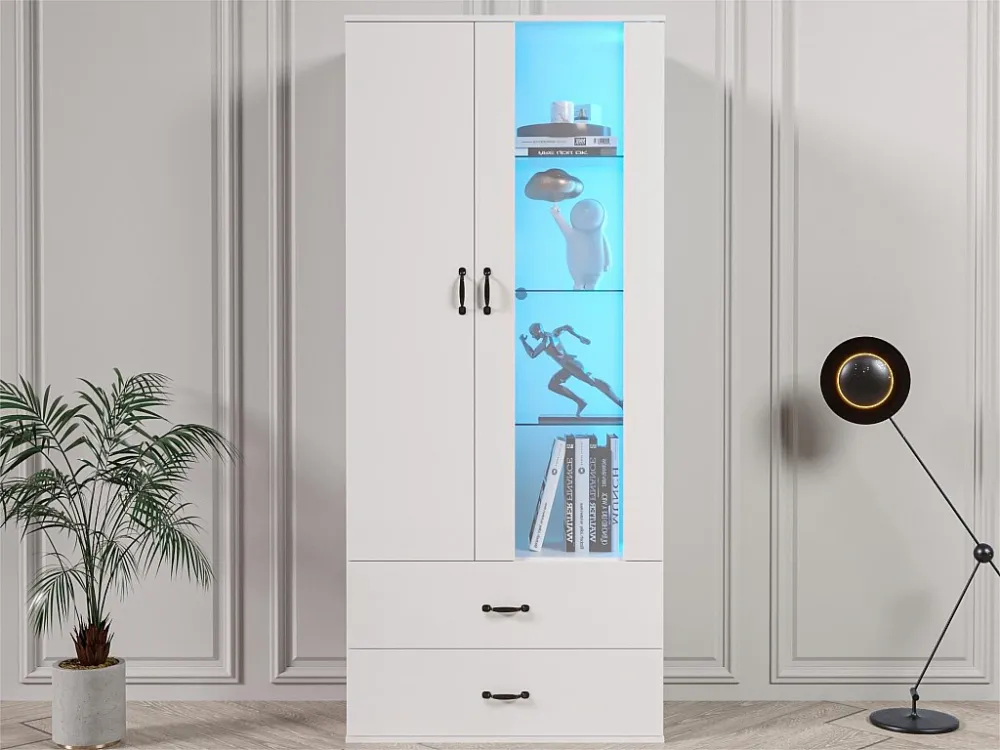 Vetrina con 2 ante e 2 cassetti e LED - Altezza 180 cm - Bianco ModernLuxe