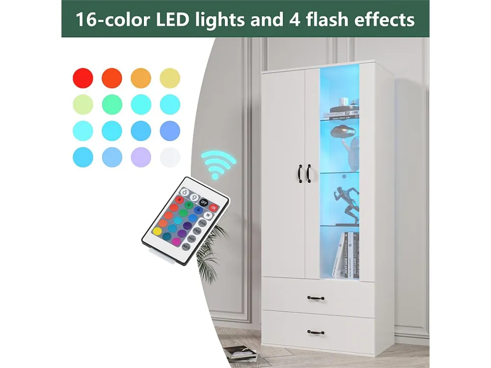 Vetrina con 2 ante e 2 cassetti e LED - Altezza 180 cm - Bianco ModernLuxe