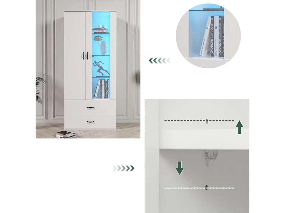 Vetrina con 2 ante e 2 cassetti e LED - Altezza 180 cm - Bianco ModernLuxe
