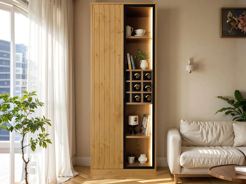 Vitrine H 160cm met LED - 2 deuren met vakken - Naturel ModernLuxe