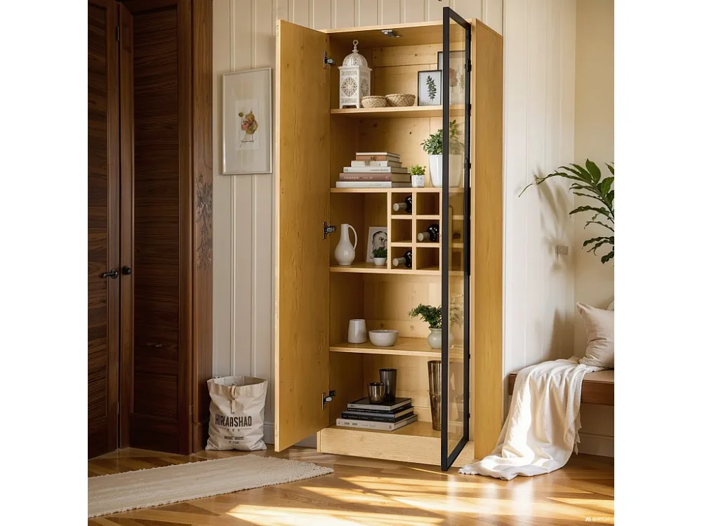 Vitrine H 160cm met LED - 2 deuren met vakken - Naturel ModernLuxe