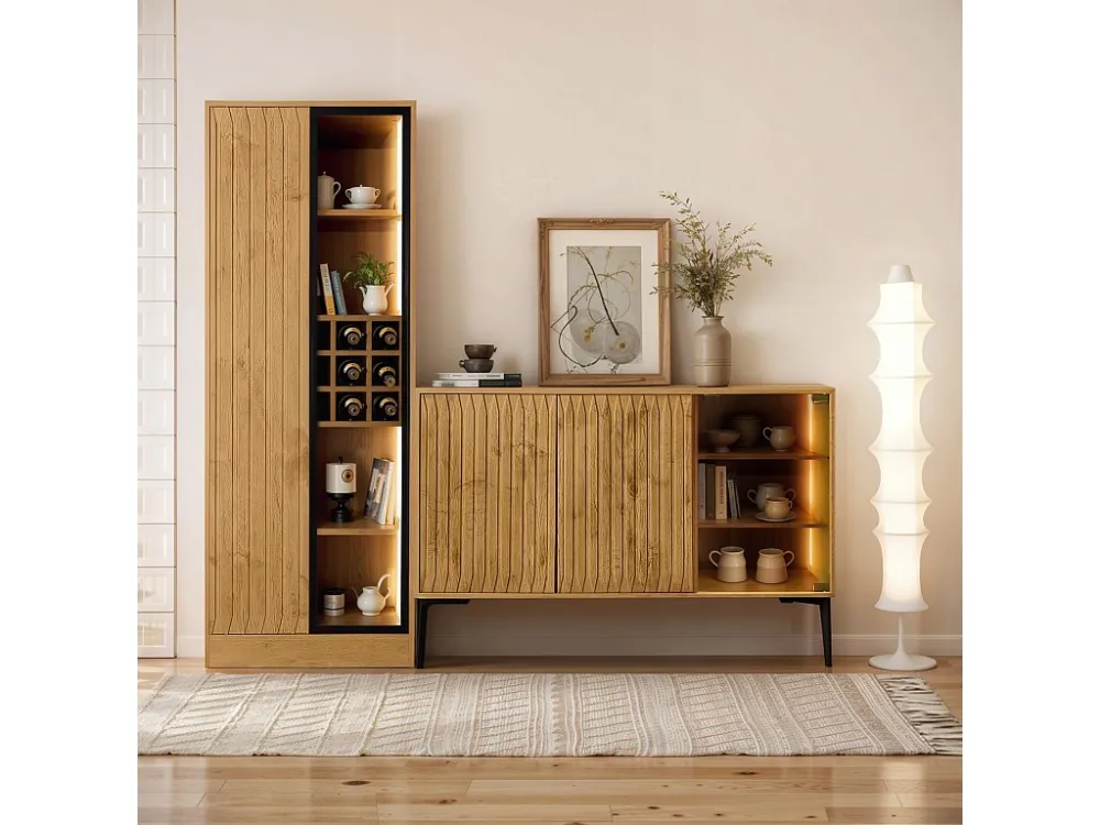Vitrine H 160cm met LED - 2 deuren met vakken - Naturel ModernLuxe