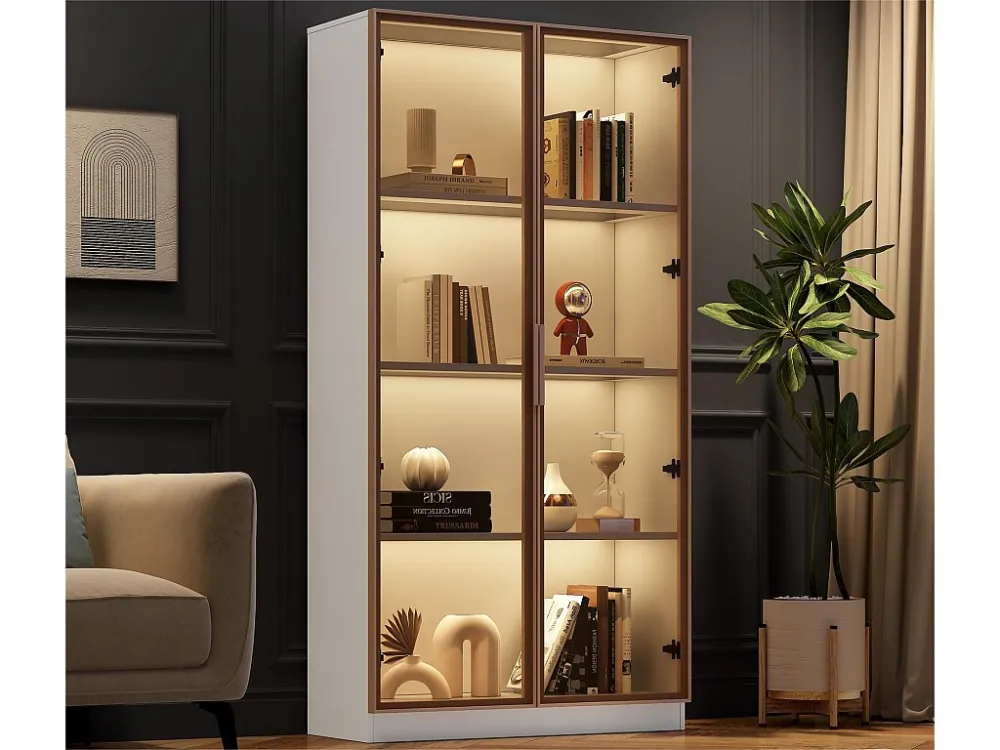 Vitrine met LED-verlichting 16 kleuren - 2 deuren met uitneembare planken - Wit ModernLuxe