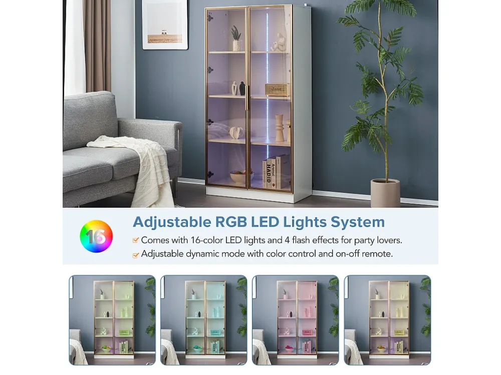 Vitrine met LED-verlichting 16 kleuren - 2 deuren met uitneembare planken - Wit ModernLuxe