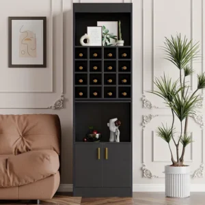 Vitrine met 16 wijnvakken - H 180 cm - gemaakt van spaanplaat - Zwart ModernLuxe