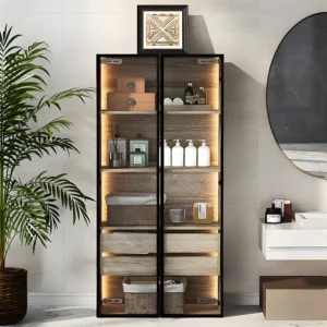 Vitrine、Badkamermeubel met LED - 2 grote laden en 2 glazen deuren - Naturel ModernLuxe