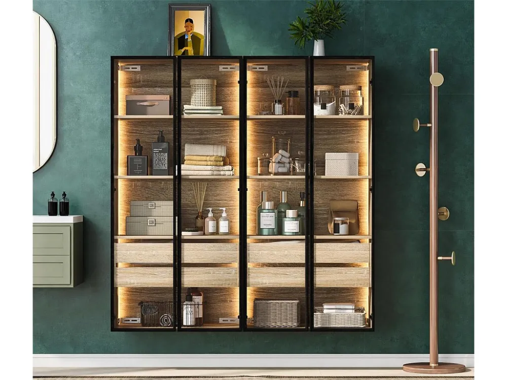 Vitrines、Badkamermeubel met LED - 2 grote laden en 2 glazen deuren - Naturel ModernLuxe