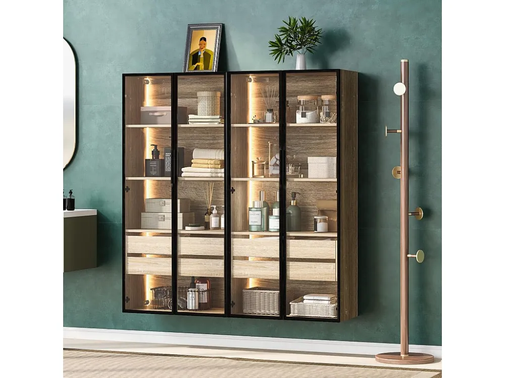 Vitrines、Badkamermeubel met LED - 2 grote laden en 2 glazen deuren - Naturel ModernLuxe