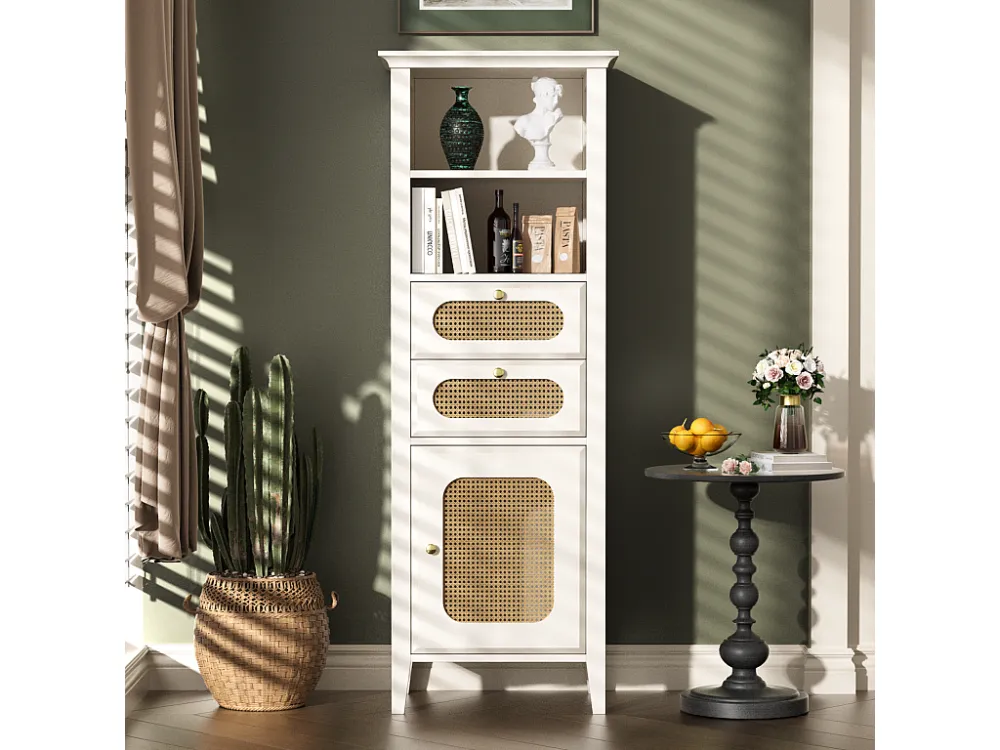 Vitrine de salon avec rotin, armoire haute, surface peinte, peut être utilisée pour les meubles combinés de salon, blanc