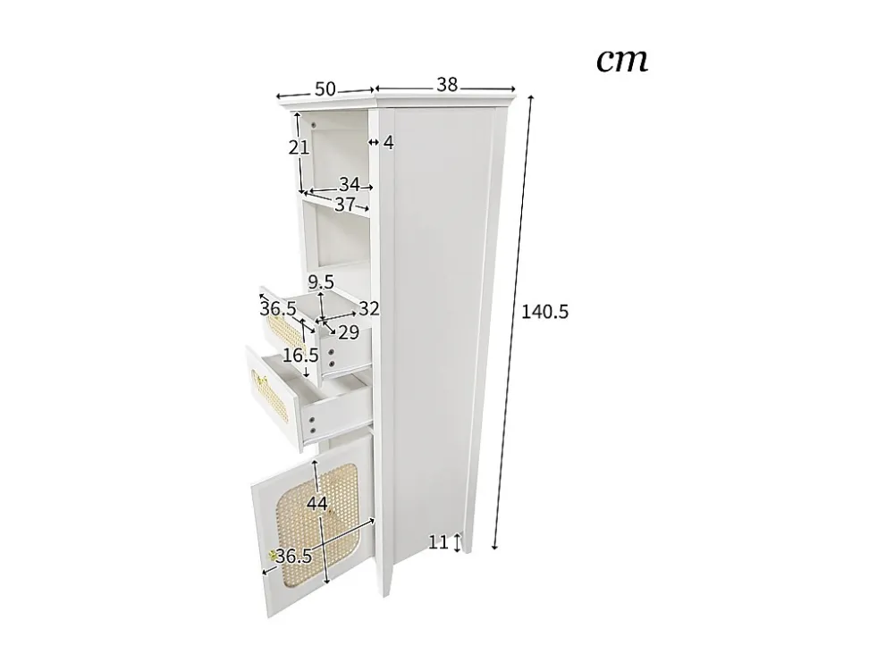 Vitrine de salon avec rotin, armoire haute, surface peinte, peut être utilisée pour les meubles combinés de salon, blanc
