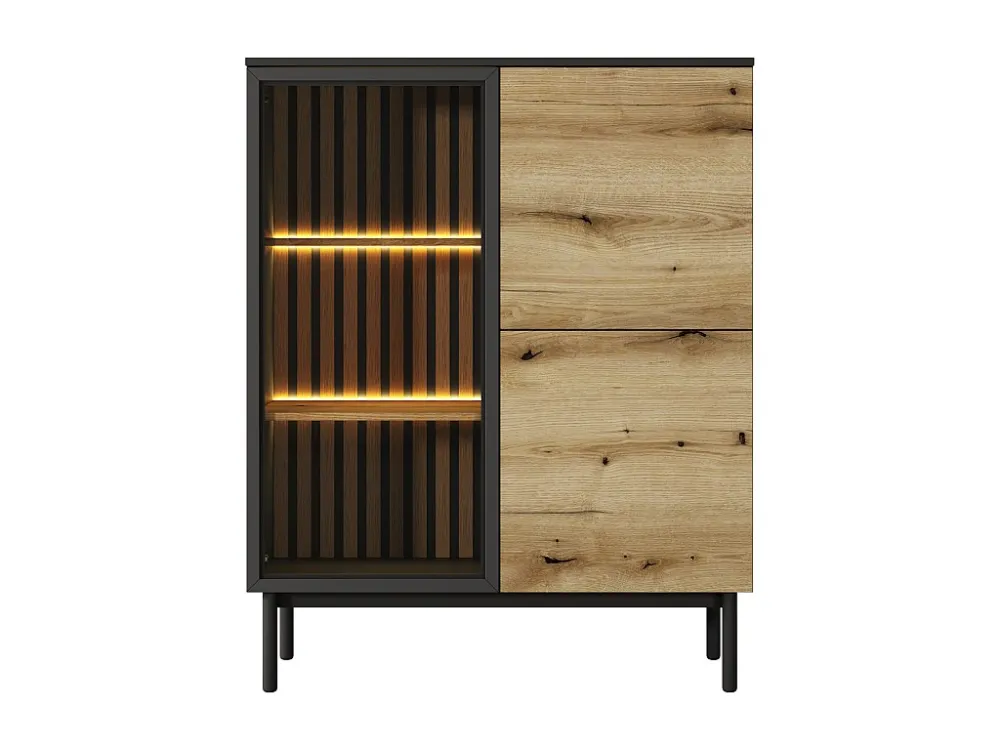 Vitrinekast met 3 deurtjes en ledverlichting - Houtlook en zwart - LABENIA