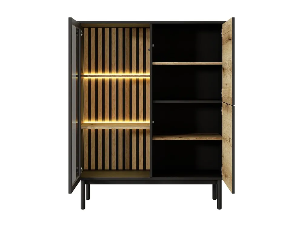 Vitrinekast met 3 deurtjes en ledverlichting - Houtlook en zwart - LABENIA