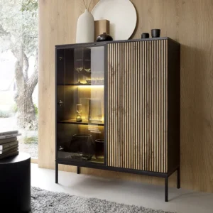 Vitrinekast met 2 deurtjes met ledverlichting van mdf en gerookt glas - Zwart en naturel - OVILA