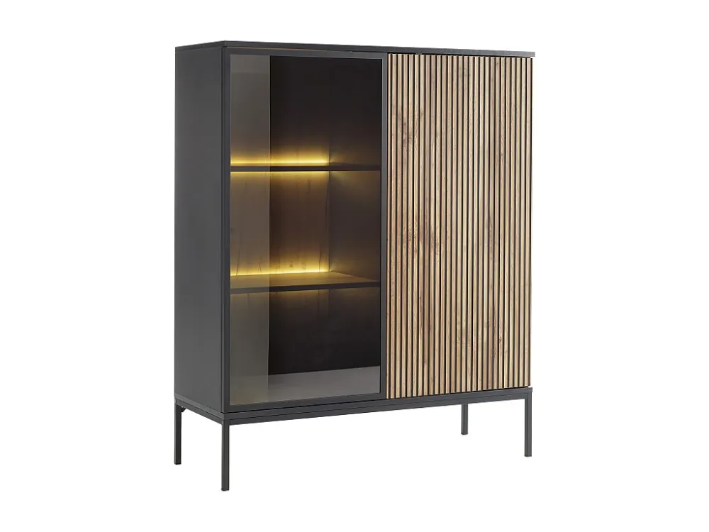 Vitrinekast met 2 deurtjes met ledverlichting van mdf en gerookt glas - Zwart en naturel - OVILA