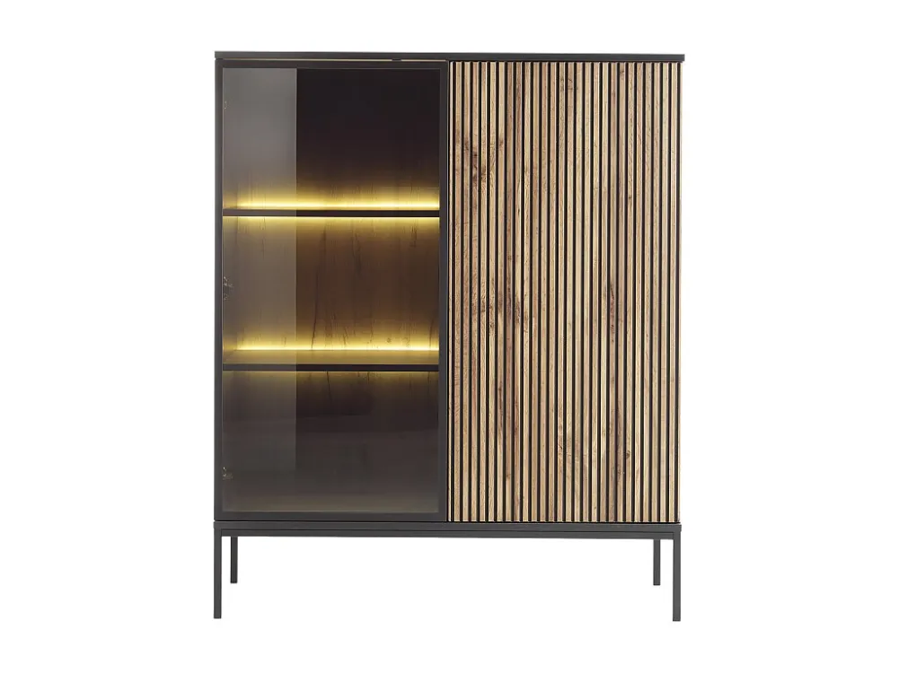 Vitrinekast met 2 deurtjes met ledverlichting van mdf en gerookt glas - Zwart en naturel - OVILA