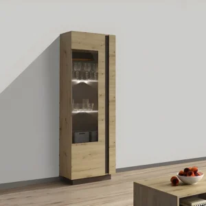 Vitrinekast MURARI - 1 deur - met ledverlichting - Taupe en eiken - Koop nu goedkoop