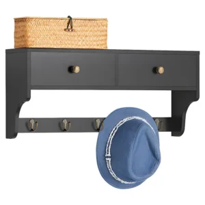 SoBuy Wandkapstok, halmeubel, kapstok, wandplank, kledingrek met 2 lades en 5 haken, 60x15x27 cm, zwart, FRG178-SCH